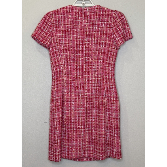 Ann Taylor Tweed Dress Womens Size 4 Pink Plaid Short Sleeve Round Neck Zip Back - Picture 5 of 7